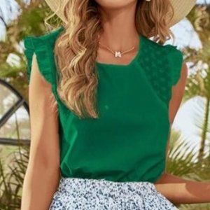 Solid Contrast Eyelet Embroidery Ruffle Blouse NWT